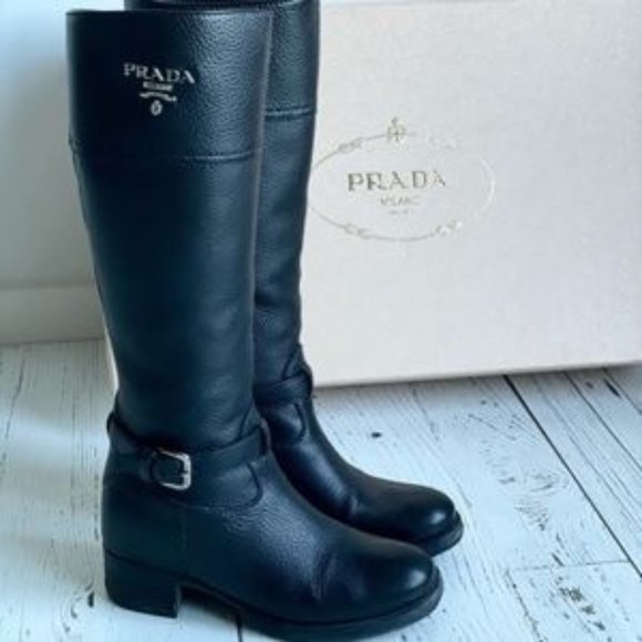 Prada Shoes - PRADA Cervo Black Leather Motorcycle Boots, size 9/39